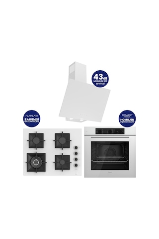 Flowart Turbolu Silenart QBL62CB - SC406 - D078SA Beyaz 65 Cm Woklu Ocak Cam Ankastre Set