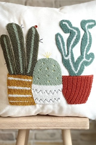 Swita Home Punch İşlemeli Kaktüs Desenli Dekoratif Keten Kırlent Kılıfı Karışık