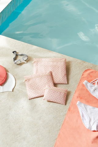Ocean Home Textile 3'lü Su Geçirmez Pvc Astarlı Pembe Dama Desen Islak Kuru Çantası 20 X 13 / 24 X 20 / 30 X 24 Cm
