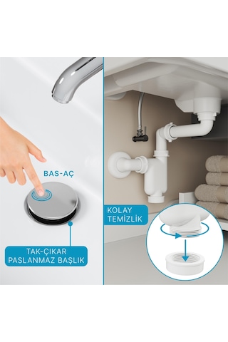 Aqua Bagno Smart Pop-up Sifon , Taşma Deliksiz Krom +comfort Yer Kazandıran Lavabo Sifonu -2 Parça Set