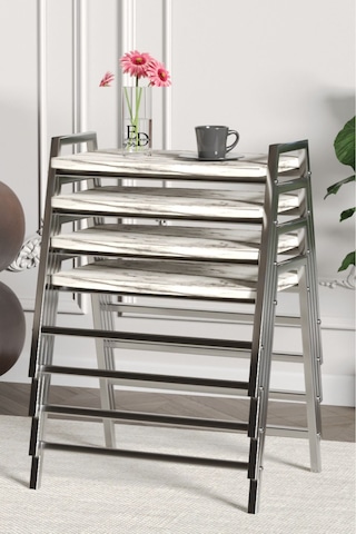 Zigon Sehpa , Aden 4'lü Tepsi Zigon Sehpa Takımı Gümüş Metal - Beyaz Mermer Tabla Gümüş-beyaz Mermer