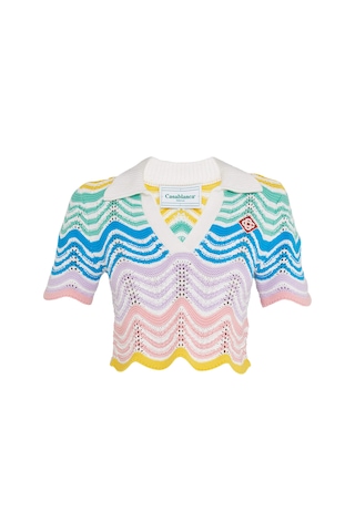 Casablanca Dalgalar Dantel Kısa Kol Cropped Polo Bluz Renkli