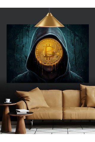 Bitcoin Sembolü Kapüşonlu Gizem Dekoratif Kanvas - Mdf Ahşap Tablo