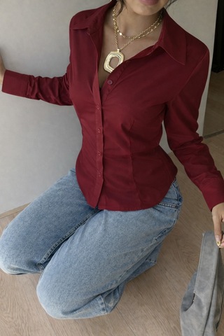Kadın Premium Gömlek Slim Fit Uzun Kollu Şık Ofis Günlük Kombin Basic Klasik Gömlek Bordo
