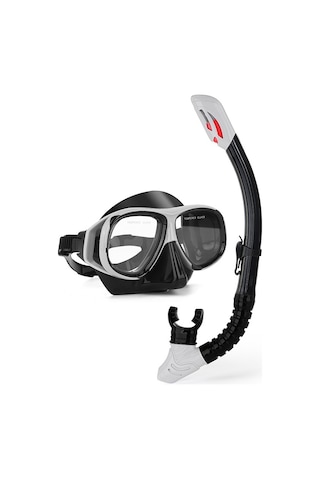 Profesyonel Şnorkel İki Parçalı Silikon Tam Kuru Şnorkel Büyük Çerçeve Sis Geçirmez Dalış Gözlüğü Seti Gümüş