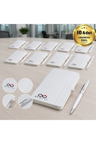 Logonuza Özel 10 Adet 923-914 9 X 14 Termo Deri Defter Ve Touch Pen Kurumsal Hediye Seti Beyaz