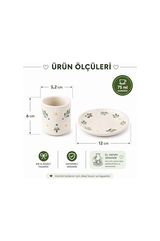 El Yapımı Seramik Türk Kahvesi Fincan Takımı,2 Kişilik-4 Parça Fincan Seti,75 Ml Çok Renkli - Papatya Desen