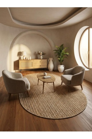 Sisal Jut Hasır OVAL Model Tek Renk Dokuma Yıkanabilir Toz Vermez Halı Krem Bej