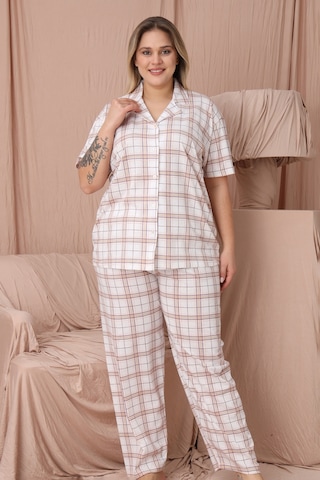 Wordex Mirano 4951 Kısa Kollu Süprem Kumaş Kareli Büyük Beden Düğmeli Kadın Pijama Takımı Beyaz