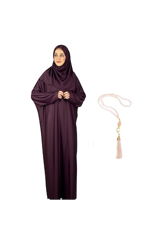 Zarif Namaz Elbisesi Ve Türban Tesbih Set Tesettür Şal Müslüman Kıyafetleri Abaya - Siyah Vişne