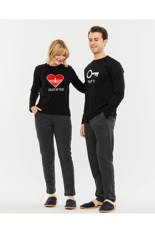 Bella Dossi Çiftlere Özel Kombin Kalbimin Anahtarı Pijama Takımı Siyah