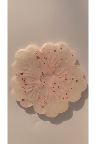 Sedefli Beyaz Üzerine Pembe Glitterli Çiçek Desen Bardak Altlığı Beyaz