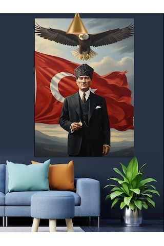 Dalgalanan Bayrak Atatürk Ve Gökteki Kartal Dekoratif Kanvas - Mdf Ahşap Tablo
