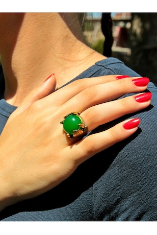 Yaprak Desenli Yeşil Akik Doğal Taş Ayarlanabilir Kadın Yüzük Çok Renkli