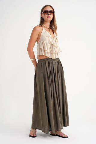 4612 Kadın Yandan Cepli Pileli Bol Etek Haki Haki