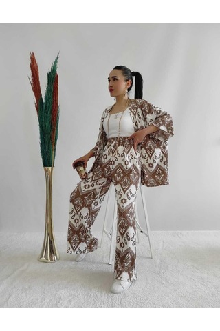 İpli Kahverengi Desenli Ikili Kimono Takım Rahat Kalıp Kahverengi