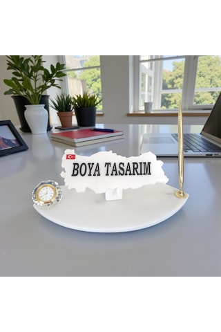 Doğal Beyaz Mermer Sümen Masa İsimliği Gold Detaylı Saat Ve Kalemli