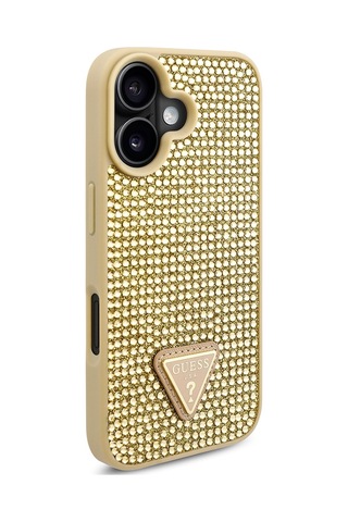 Apple Uyumlu iPhone 16 Plus Kılıf Guess Lisanslı Üçgen Logolu Taşlı Kapak Gold
