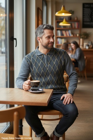 Kamalı Erkek Gri Tüylenme Yapmayan Anti Pilling Kumaş Standart Fit Normal Kesim Polo Yaka Triko Kazak