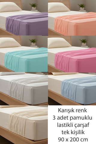 Pamuklu Lastikli Tek Kişilik Çarşaf 3 Adet Karışık Renkli 90x200 Cm Çok Renkli