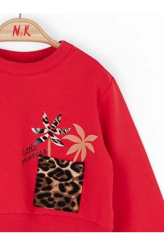Nk Kids Kız Bebek Pamuklu Leopar Cep Detaylı Sweatshirt-14789 Kırmızı