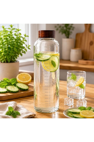 1000 Ml Akasya Kapaklı Cam Matara Ölçekli Su Şişesi Sızdırmaz Kapaklı Şeffaf Cam Suluk Çok Renkli