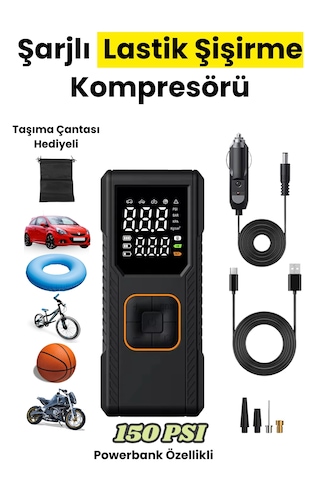 Dijital Göstergeli Led Işıklı Taşınabilir 4500mah Araç Lastik Şişirme Hava Kompresörü Siyah