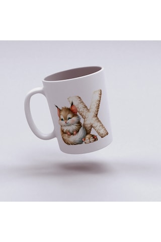 X Harfi Tasarım Bardak, Sevimli Hayvan Temalı Harf Bardağı Beyaz