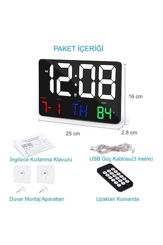 Yenilz Dijital Duvar Saati Renkli Hd Led Ekran 25x16 Cm Tarih Gün Siyah