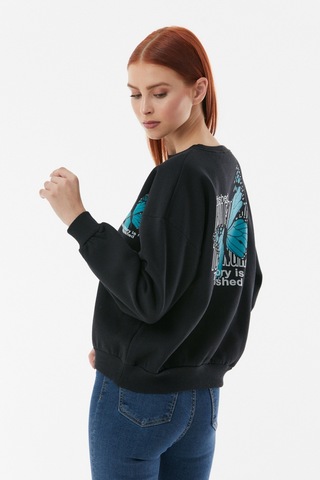 Fullamoda Kelebek Baskılı Oversize Sweatshirt- Siyah 24KGB890189618-Siyah