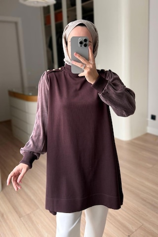 Kahijab Omzu Düğmeli Yarım Balıkçı Merserize Tunik - Kahverengi
