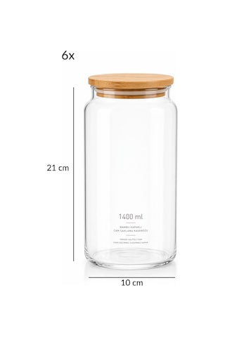 6 Lı Vakumlu Bambu Kapaklı Cam Saklama Kavanozu 1400 Ml Büyük Boy Hava Geçirmez Set Sızdırmaz Şık Xl Şeffaf