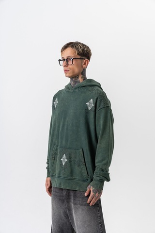 Respire Erkek 10 Baskılı Yıkamalı Kapüşonlu Oversize Hoodie Yeşil