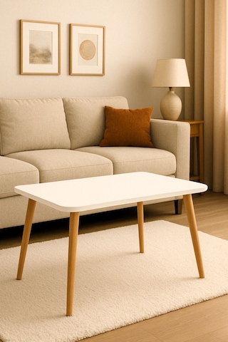 Dekoratif Orta Sehpa Ahşap Ayaklı Şık Tasarım Beyaz