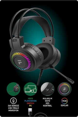 Fashcolle FC8100B 7.1 Virtual Surround RGB Profesyonel Kulak Üstü Oyuncu Kulaklığı