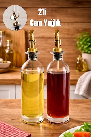 Porsima 3890 Gold Sızdırmaz Kapaklı Cam 2 Li Yağlık Sirkelik Yağdanlık Seti 500+500 Ml Şeffaf-gold
