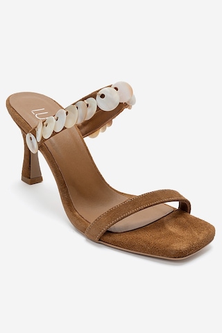Luvishoes Arund Taba Süet Hakiki Deri Sedef Pul Aksesuarlı Kadın İnce Topuklu Terlik