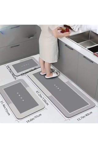 Nobera 3 Lü Banyo Paspas Seti Kaymaz Kauçuk Tabanlı, Ultra Emici, Hızlı Kuruyan 3'lü Takım Gri