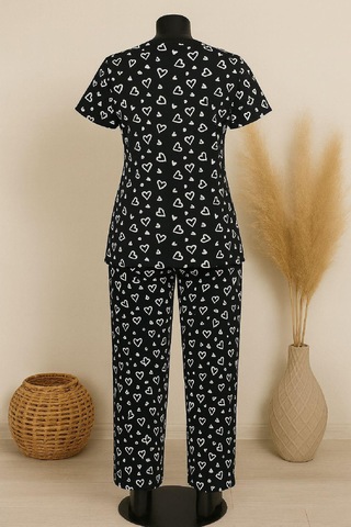 Moda Dua Kadın Siyah Beyaz Desenli Fiyonklu Kısa Kollu Pijama Takımı