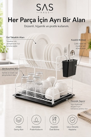 Sas Haus 2 Katlı Metal Bulaşıklık Kaşıklıklı Ve Damlalıklı Tezgâh Üstü Bulaşık Kurutmalık Dtb-02 Beyaz