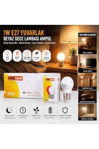10 Adet 1w E27 Beyaz Yuvarlak Gece Lambası Led Ampul 5250