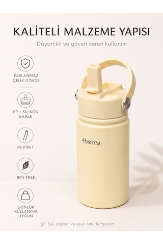 350 Ml Kulplu Pipetli Çelik Termos Bardak Bpa Free, Taşınabilir Mini Termos, Krem Renk