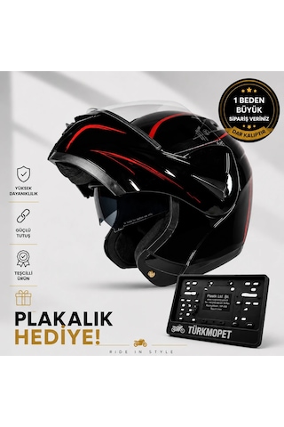 Vrt Çene Açılır Güneş Vizörlü Kask + Plakalık Siyah-kırmızı