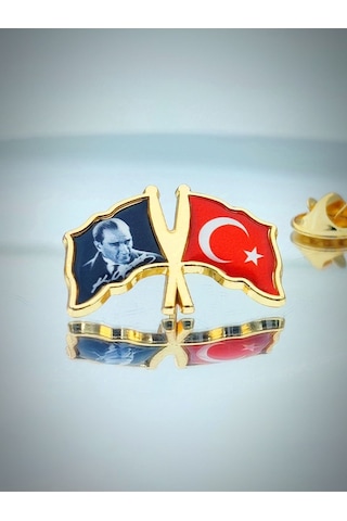 Yörük Tasarım 10 Adet Türk Bayrağı & Atatürk Altın Kaplama Mineli Döküm Yaka Rozeti
