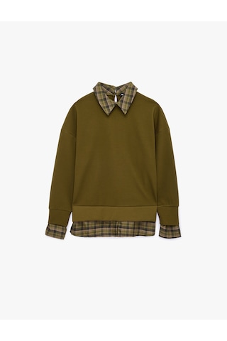Koton İki Farklı Kumaş Kullanımlı Kombine Uzun Kollu Ekose Gömlek Yaka Sweatshirt Haki 6sak10180ek