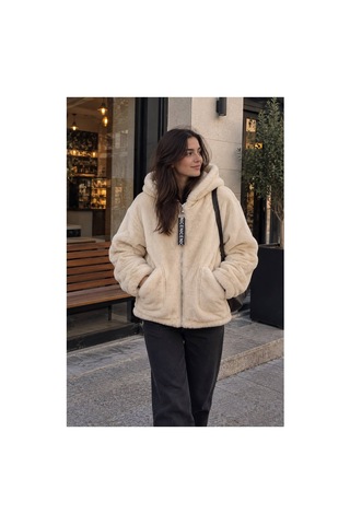 Öners Kadın Kapşonlu Peluş Fermuarlı Sweat Oversize Yumuşak Polar Hoodie Kışlık Sıcak Tutucu Bej Bej
