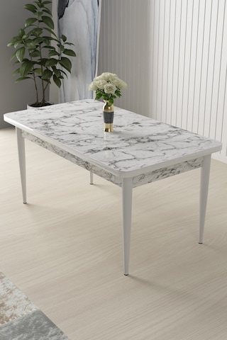 Canisa Nil Serisi Beyaz Mermer Desen 70x110 Sabit Yemek Masası Metal Ayak Beyaz Mermer Desen Masa