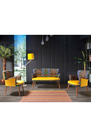 Kayser Home Çay Seti Koltuk Takımı Oturma Grubu Balkon Ofis Bahçe Mobilya Etnik Desen Nubuk Kumaş Sarı Sarı