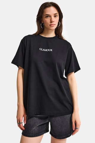 Itsbasic Kadın Siyah S6-1 Oversize Glamour Baskılı %100 Koton T-shirt