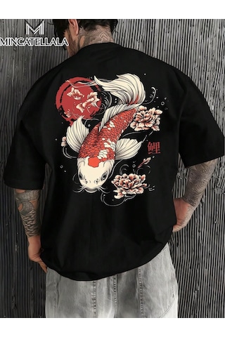 Brz Collectıon Brz Collection Unisex Oversize Koi Fish T-shirt Siyah